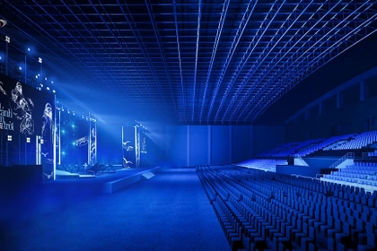 Phối cảnh sân khấu của chương trình “Về đây bốn cánh chim trời.” (Ảnh: Ngọc Việt)