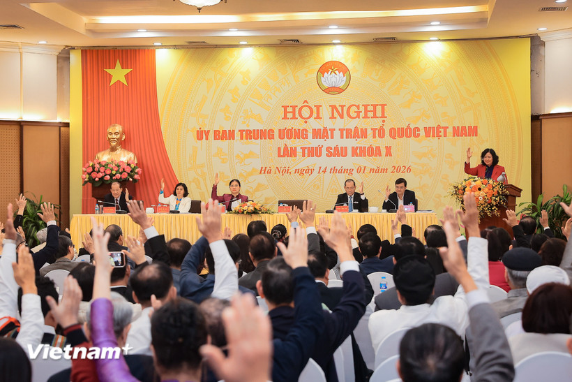 100% đại biểu tham dự Hội nghị biểu quyết, hiệp thương cử bà Hà Thị Nga giữ chức Phó Chủ tịch, Tổng Thư ký Ủy ban Trung ương Mặt trận Tổ quốc Việt Nam khóa X, nhiệm kỳ 2024-2029. (Ảnh: Hoài Nam/Vietnam+)