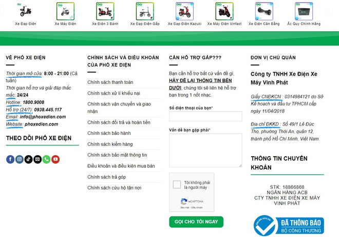 Website “phoxedien.com” “đã thông báo Bộ Công Thương” đơn vị chủ quản là “Công ty Trách nhiệm hữu hạn xe điện xe máy Vinh Phát. (Ảnh chụp màn hình từ website của Công ty) capture-3010.jpg