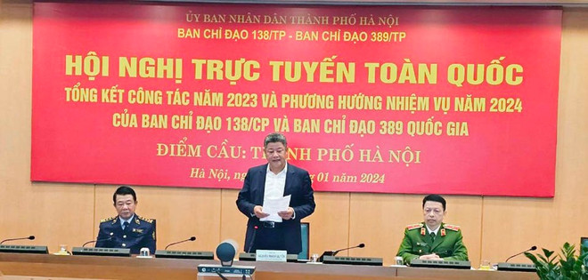 Phó Chủ tịch Ủy ban Nhân dân thành phố Hà Nội Nguyễn Mạnh Quyền phát biểu tại hội nghị triển khai nhiệm vụ năm 2024 của Ban Chỉ đạo 389 Quốc gia. (Ảnh: z5078863852503-9cc787894687693a7c9be934d74e36d6-8415.jpeg