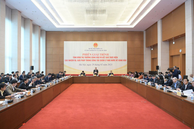 Phiên giải trình tình hình thị trường xăng dầu và kết quả thực hiện các nhiệm vụ, giải pháp trong công tác quản lý Nhà nước về xăng dầu do Ủy ban Kinh tế của Quốc hội tổ chức . (Ảnh: PV/Vietnam+) Bộ Công Thương nói gì về phương án nâng dự trữ xăng dầu quốc gia? ảnh 1