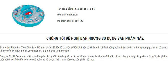 Decathlon thu hồi sản phẩm Phao bơi tròn cho bé do lỗi kỹ thuật ảnh 1