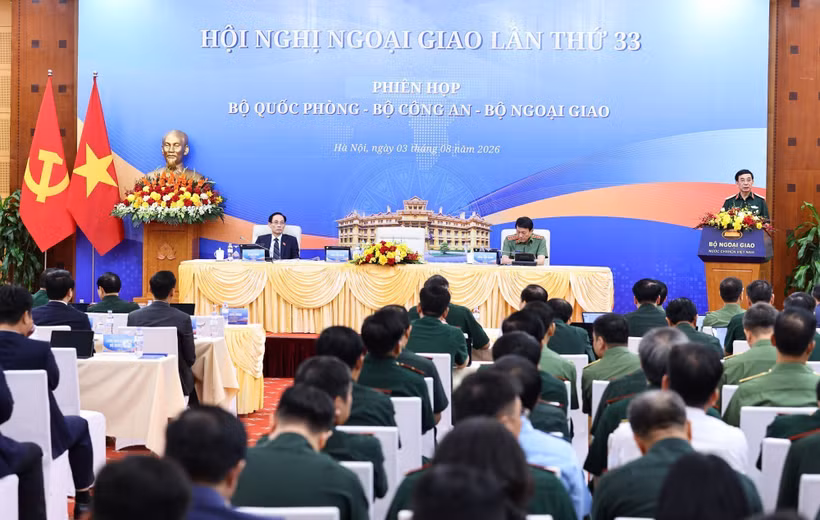 Quang cảnh phiên họp giữa 3 bộ: Bộ Quốc phòng, Bộ Công an, Bộ Ngoại giao. (Ảnh: Minh Đức/TTXVN)