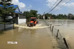 Nước vẫn tiếp tục lên cao tại thôn Trung Kiên xã Trung Giã, Hà Nội. (Ảnh: Quốc Lũy/TTXVN)