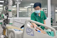 Bác sỹ điều trị cho một trường hợp mắc bệnh viêm não Nhật Bản trong tình trạng nặng tại Bệnh viện Bệnh Nhiệt đới Trung ương. (Ảnh: PV/Vietnam+)