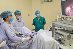 Các bác sỹ thực hiện ca phẫu thuật nội soi cho bệnh nhân. (Ảnh: PV/Vietnam+)