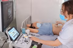 Nhân viên y tế khám sức khỏe cho người cao tuổi. (Ảnh: TTXVN/Vietnam+)