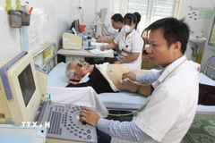 Các bác sỹ siêu âm cho người cao tuổi. (Ảnh: Nguyễn Thắng/TTXVN)