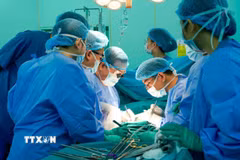 Các bác sỹ tiến hành ghép thận cho người bệnh suy thận giai đoạn cuối từ thận hiến tặng. (Ảnh: TTXVN phát)