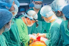 Thầy thuốc ưu tú Đinh Văn Lượng thực hiện một ca ghép phổi cùng các y bác sỹ của Bệnh viện Phổi Trung ương. (Ảnh: PV/Vietnam+)