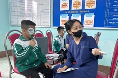 Các bác sỹ khám mắt cho học sinh Trường Tiểu học Đào Xá. (Ảnh: PV/Vietnam+)
