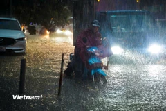 Người dân chật vật di chuyển qua các điểm ngập úng. (Ảnh: Hoài Nam/Vietnam+)