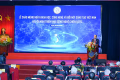 Bộ trưởng Bộ Khoa học và Công nghệ Vũ Hải Quân phát biểu khai mạc tại Lễ chào mừng Ngày Khoa học, Công nghệ và Đổi mới sáng tạo Việt Nam và Hội nghị triển khai công nghệ chiến lược. (Ảnh: Minh Sơn/Vietnam+)