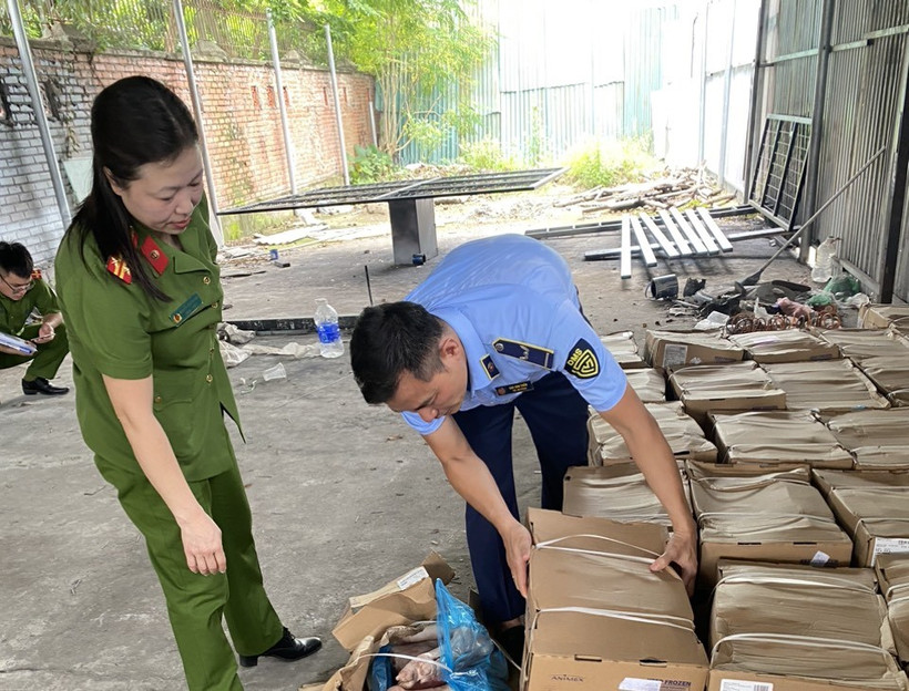 Lực lượng liên ngành của Hà Nội kiểm tra thực phẩm đông lạnh có dấu hiệu vi phạm. (Ảnh: PV/Vietnam+)