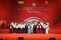 Ban Tổ chức trao 23 giải Vàng cho các tác phẩm xuất sắc thể loại Phóng sự-Phóng sự điều tra, Chương trình Chuyên đề, Phát thanh trực tiếp, Phát thanh tiếng dân tộc và Podcast. (Ảnh: CTV/Vietnam+)