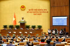Quốc hội biểu quyết thông qua Luật sửa đổi, bổ sung một số điều của Luật Ngân hàng Nhà nước Việt Nam, Luật Phòng, chống rửa tiền và Luật Các tổ chức tín dụng. (Ảnh: Doãn Tấn/TTXVN)