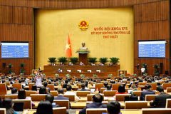 Quốc hội biểu quyết thông qua Nghị quyết của Quốc hội phê duyệt chủ trương đầu tư Chương trình mục tiêu quốc gia phát triển văn hóa-xã hội, nông thôn, dân tộc và miền núi giai đoạn 2026-2035. (Ảnh: Doãn Tấn/TTXVN)