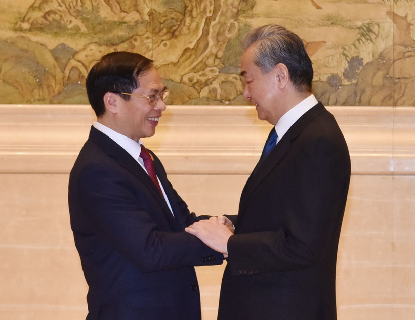 Bộ trưởng Ngoại giao Bùi Thanh Sơn trò chuyện với Ngoại trưởng Trung Quốc Vương Nghị trước Hội nghị. (Ảnh: Tiến Trung/TTXVN)