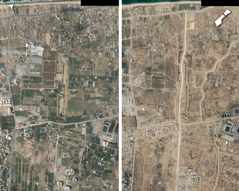 Hình ảnh so sánh về hành lang Netzarim mà Israel thiết lập tại Dải Gaza ngày 15/10/2023 (ảnh trái) và ngày 4/4/2024 (ảnh phải). (Nguồn: Planet Labs)