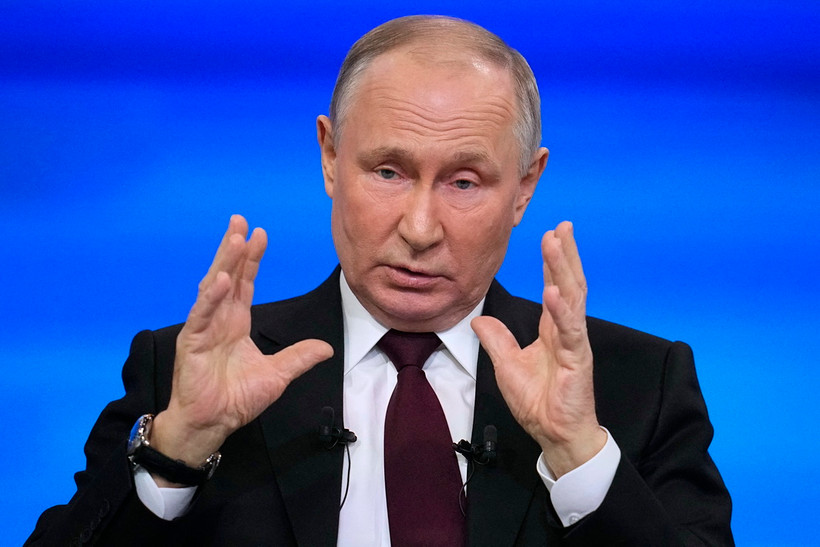 Tổng thống Nga Vladimir Putin tại cuộc họp báo cuối năm ở Moskva ngày 14/12/2023. (Ảnh: AFP/TTXVN)