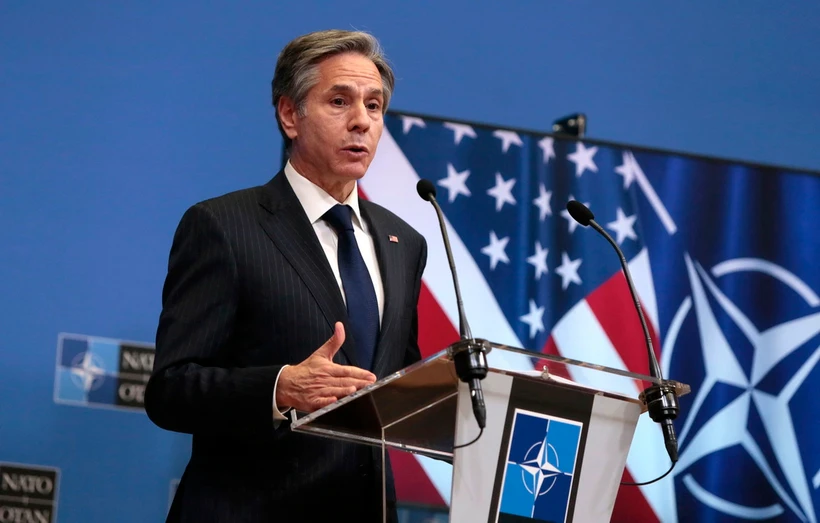 Ngoại trưởng Mỹ Antony Blinken phát biểu trong cuộc họp báo kết thúc hội nghị Ngoại trưởng NATO tại Brussels, Bỉ ngày 24/3/2021. (Ảnh: AFP/TTXVN)