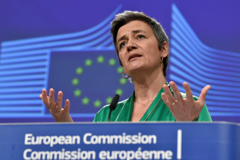 Phó Chủ tịch Ủy ban châu Âu (EC) Margrethe Vestager phát biểu với báo giới tại Brussels, Bỉ, ngày 13/3/2020. (Ảnh: AFP/TTXVN)