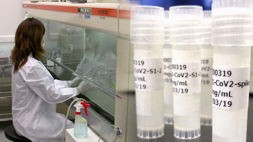 Nhà nghiên cứu làm việc tại phòng nghiên cứu phát triển vắcxin phòng COVID-19 của AnGes, Nhật Bản. (Nguồn: Kyodo)