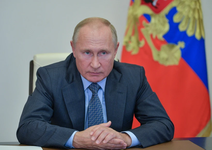 Tổng thống Nga Vladimir Putin tại cuộc họp trực tuyến ở Moskva, Nga. (Ảnh: AFP/TTXVN)