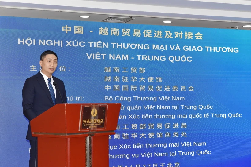 Ông Hoàng Minh Chiến, Phó Cục trưởng Cục Xúc tiến Thương mại, Bộ Công thương Việt Nam phát biểu tại hội nghị. (Ảnh: Tiến Trung/TTXVN)