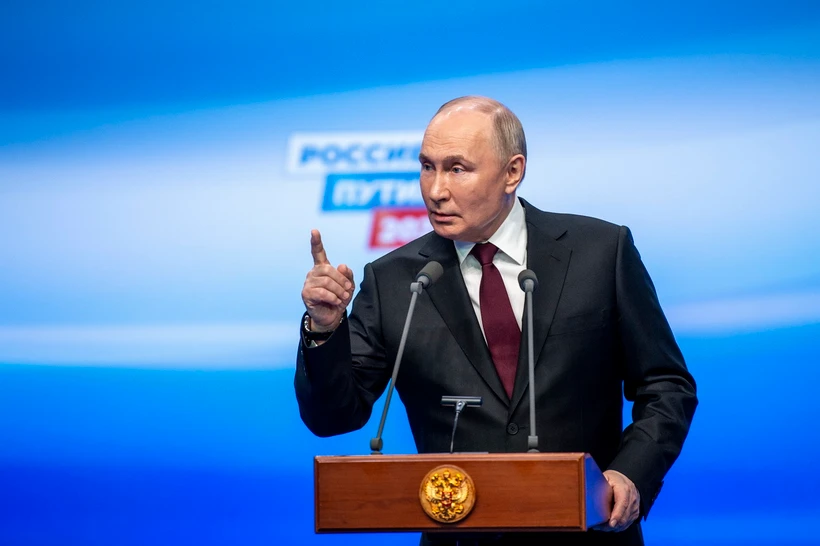 Tổng thống Nga Vladimir Putin phát biểu trong cuộc họp báo ở Moskva ngày 18/3/2024. (Ảnh: THX/TTXVN)