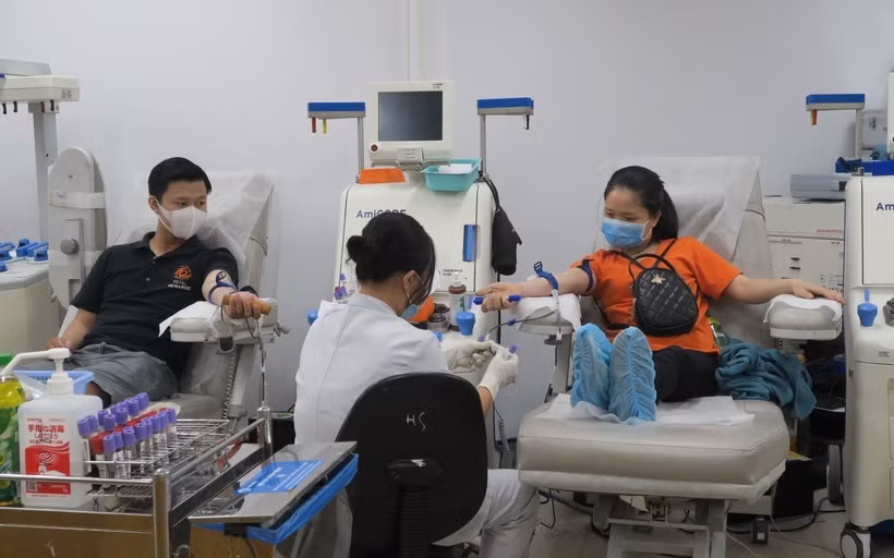 Các bạn trẻ hiến máu nhân đạo tại Bệnh viện Truyền máu-Huyết học Thành phố Hồ Chí Minh. (Ảnh: Đinh Hằng/TTXVN)