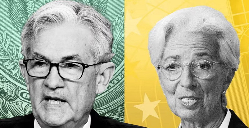 Chủ tịch Cục Dữ trữ Liên bang Mỹ Jerome Powell và Chủ tịch Ngân hàng Trung ương châu Âu Christine Lagarde. (Ảnh: Financial Times)