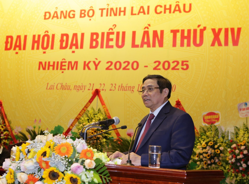 Ông Phạm Minh Chính, Ủy viên Bộ Chính trị, Bí thư Trung ương Đảng, Trưởng ban Tổ chức Trung ương phát biểu chỉ đạo Đại hội Đảng bộ tỉnh Lai Châu. (Ảnh: Quý Trung/TTXVN)