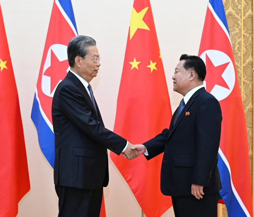 Ủy viên trưởng Nhân Đại toàn quốc Trung Quốc Triệu Lạc Tế (trái) và Chủ tịch Ủy ban Thường vụ Hội đồng Nhân dân Tối cao (Quốc hội) Triều Tiên Choe Ryong Hae. (Ảnh: THX)