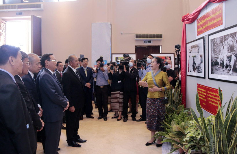 Các đại biểu nghe giới thiệu về triển lãm. (Ảnh: Phạm Kiên/TTXVN)