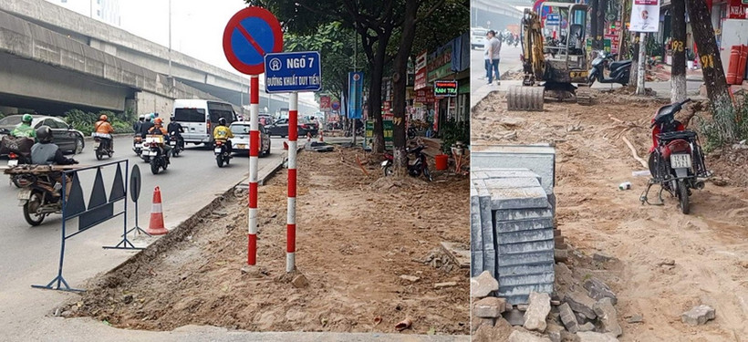 Một tuyến đường ở Hà Nội có nhiều đoạn vỉa hè bị đào xới. (Nguồn: Báo Công an nhân dân)