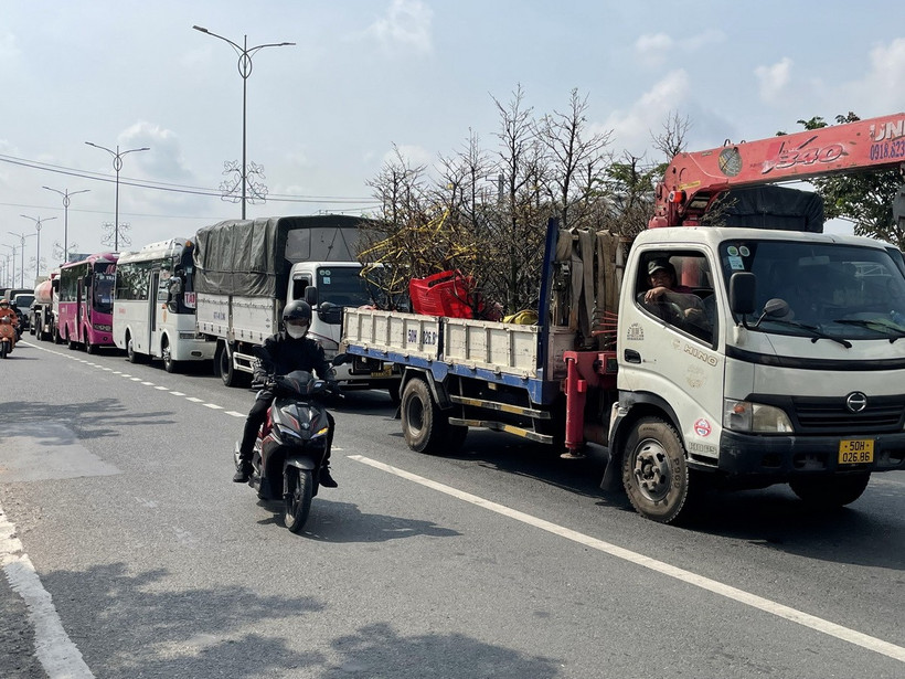 Dòng phương tiện phía tỉnh Bến Tre nối đuôi nhau nhích từng chút chờ qua cầu Rạch Miễu. (Ảnh: Công Trí/TTXVN) 