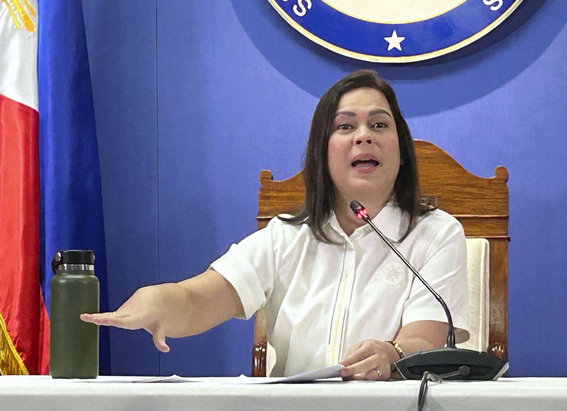 Phó Tổng thống Philippines Sara Duterte trong một cuộc họp báo ở Manila. (Ảnh: Kyodo/TTXVN)