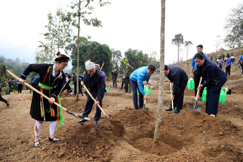Ủy viên Bộ Chính trị, Bí thư Trung ương Đảng, Chủ tịch Ủy ban Trung ương Mặt trận Tổ quốc Việt Nam Đỗ Văn Chiến tham gia Tết trồng cây “Đời đời nhớ ơn Bác Hồ”. (Ảnh: Quang Cường/TTXVN)
