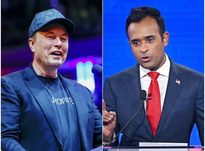 Ông chủ hãng Tesla Elon Musk (trái) và cựu ứng cử viên Tổng thống Mỹ của đảng Cộng hòa, doanh nhân Vivek Ramaswamy đã cam kết giảm bớt hàng nghìn quy định liên bang.