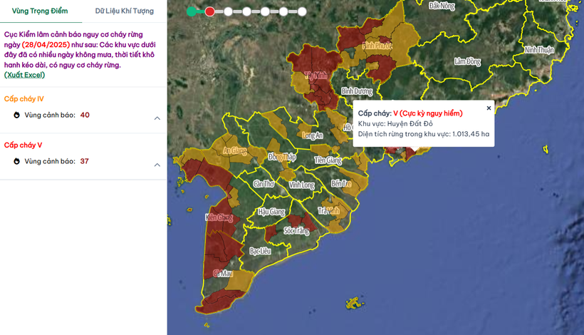 Các khu vực có nguy cơ xảy ra cháy rừng trong ngày 28/4/2025. (Nguồn: Cục Lâm nghiệp và Kiểm lâm)