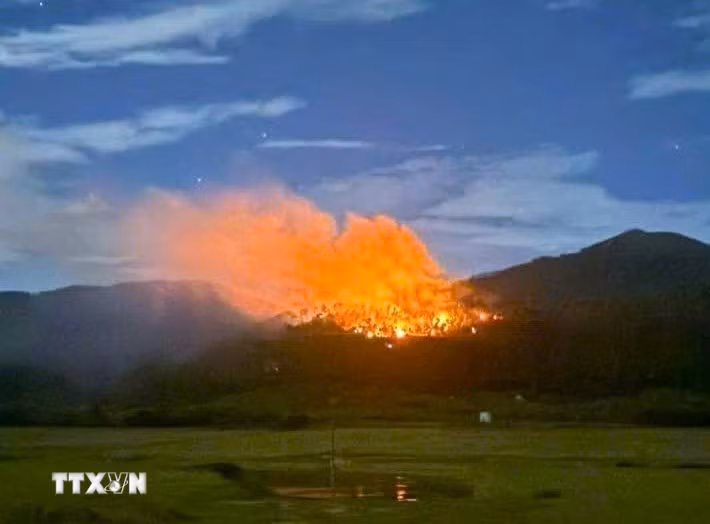 Hình ảnh vụ cháy rừng xảy ra trong chiều ngày 7/6/2026 tại khu vực núi Rú Xuân, thuộc xã Phúc Lộc, tỉnh Nghệ An. (Ảnh: TTXVN phát)