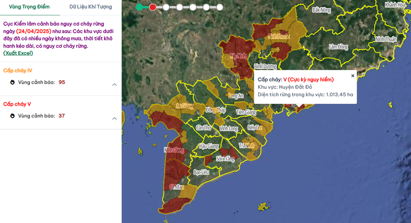 Hệ thống cảnh báo cháy rừng ngày 24/4/2025. (Nguồn: Cục Lâm nghiệp và Kiểm lâm)