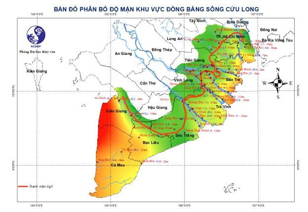 Bản đồ phân bổ độ mặn ở khu vực Đồng bằng sông Cửu Long. (Nguồn: Cục Khí tượng thủy văn)