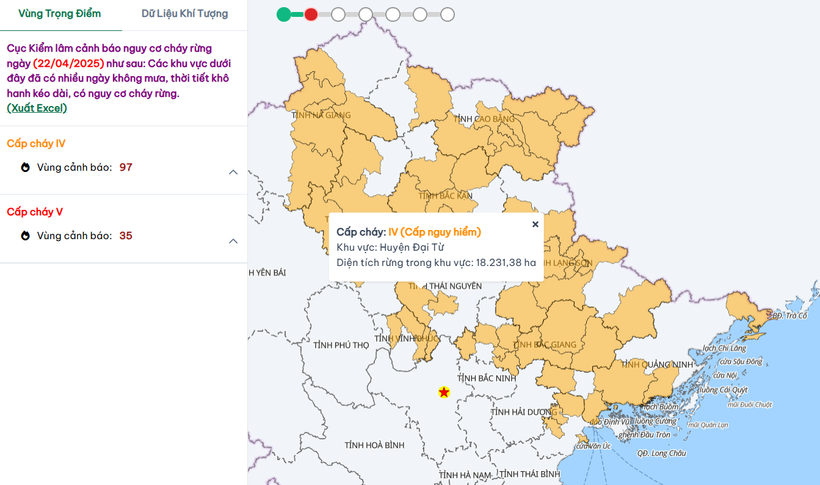 Các khu vực có nguy cơ xảy ra cháy rừng ở cấp nguy hiểm. (Nguồn: Cục Lâm nghiệp và Kiểm lâm)
