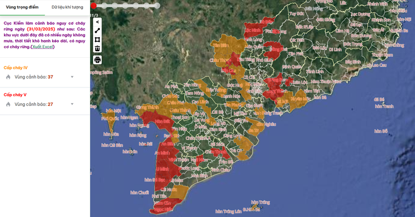 Các khu vực có nguy cơ cháy rừng trong ngày 31/3/2025. (Nguồn: Cục Lâm nghiệp và Kiểm lâm)