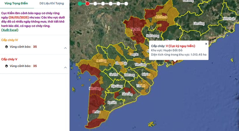 Các khu vực có nguy cơ xảy ra cháy rừng trong ngày 6/5/2025. (Nguồn: Cục Lâm nghiệp và Kiểm lâm)
