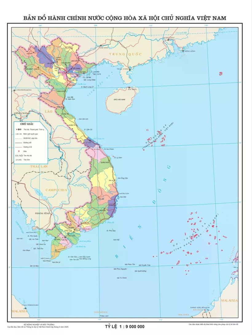 Bản đồ 34 đơn vị hành chính cấp tỉnh Việt Nam năm 2025. (Nguồn ảnh: Cục Đo đạc, Bản đồ và Thông tin địa lý Việt Nam).