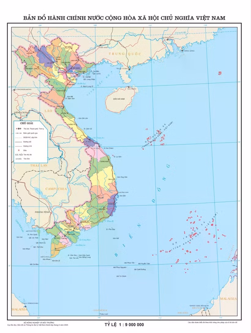 Bản đồ 34 đơn vị hành chính cấp tỉnh Việt Nam năm 2025. (Nguồn ảnh: Cục Đo đạc, Bản đồ và Thông tin địa lý Việt Nam).
