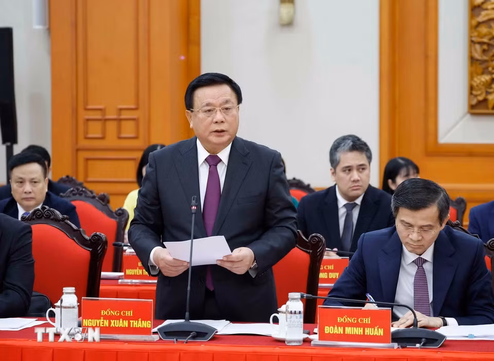 Đồng chí Nguyễn Xuân Thắng, Chủ tịch Hội đồng Lý luận Trung ương phát biểu. (Ảnh: Thống Nhất/TTXVN)